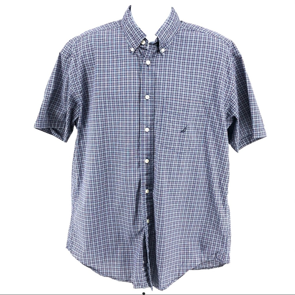 Nautica Blue & Red Short Sleeve Button Down Shirt - Picture 1 of 6